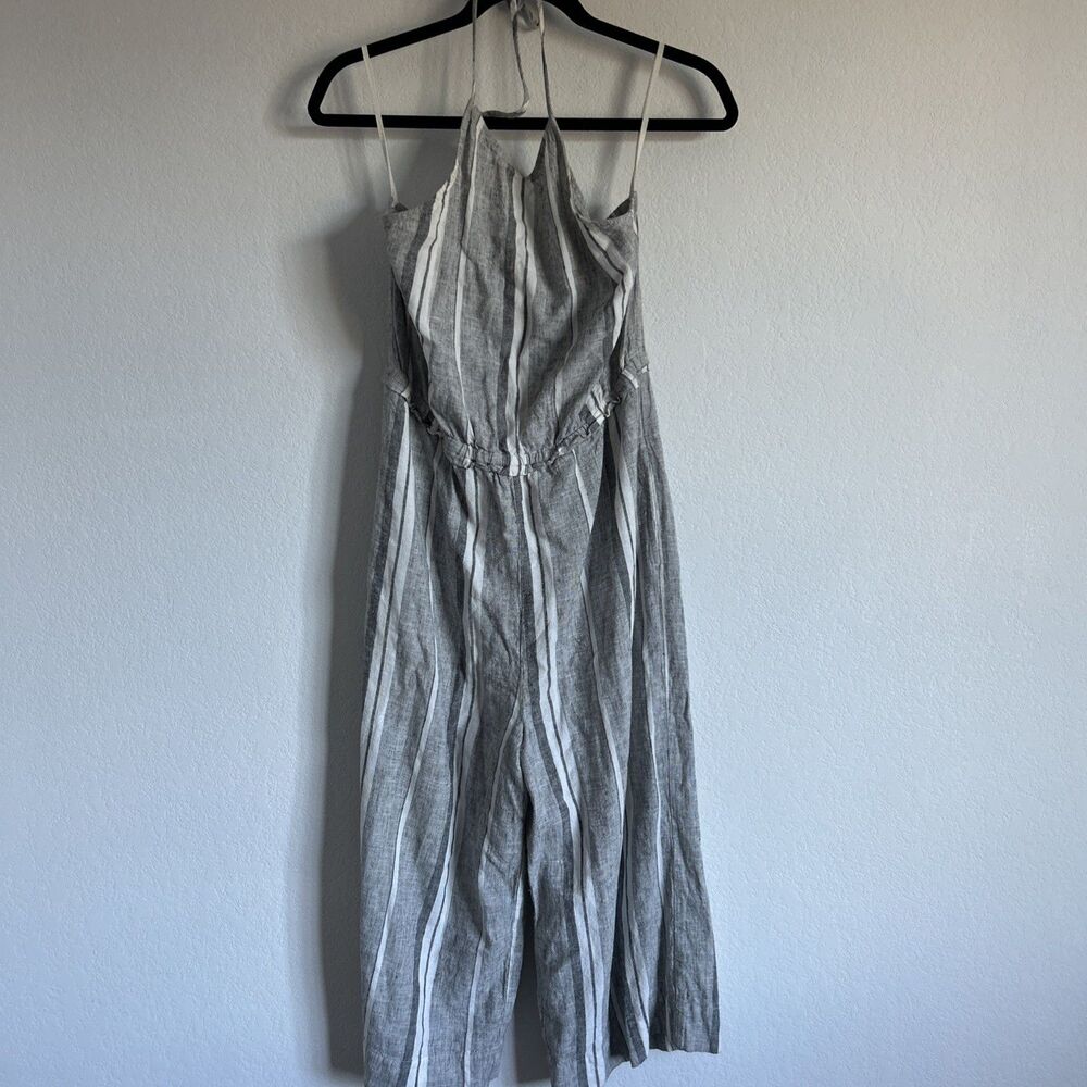 Cloth & Stone Jumpsuit Grey/White Striped Linen Blend Strappy Coveralls Sz M
